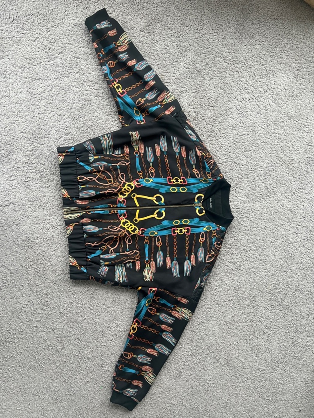 Zara Black Bomber Jacket with Teal, Yellow and Brown Chain Print